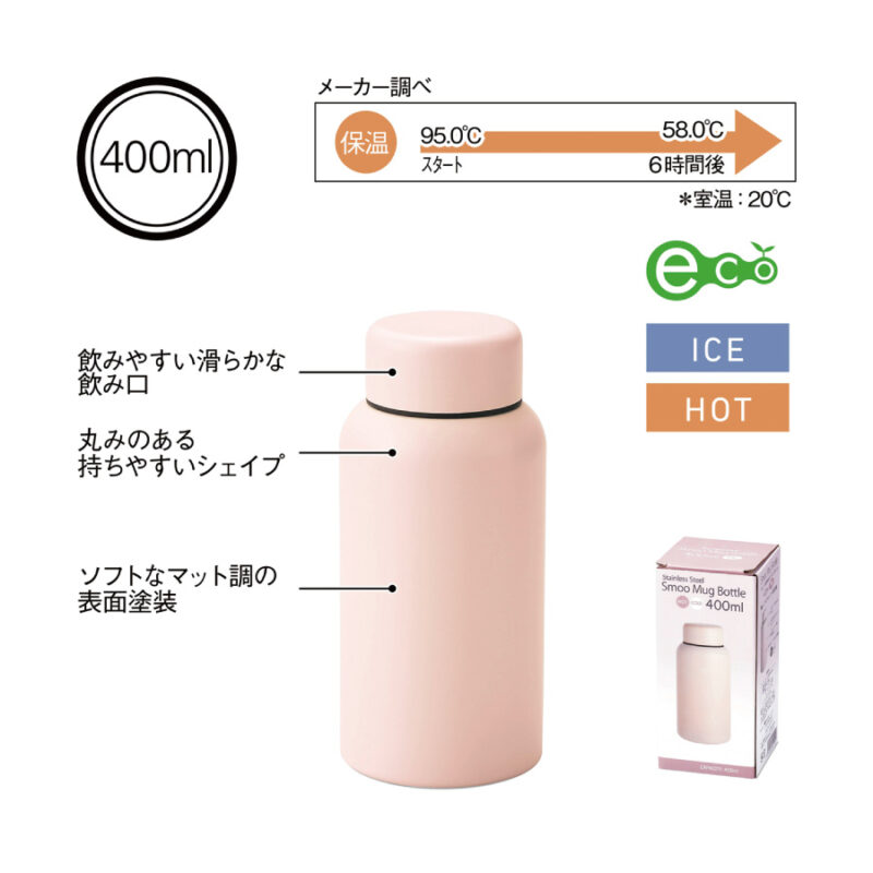 Smoo・真空二重構造ステンレスボトル400ml (ピンク)（4）