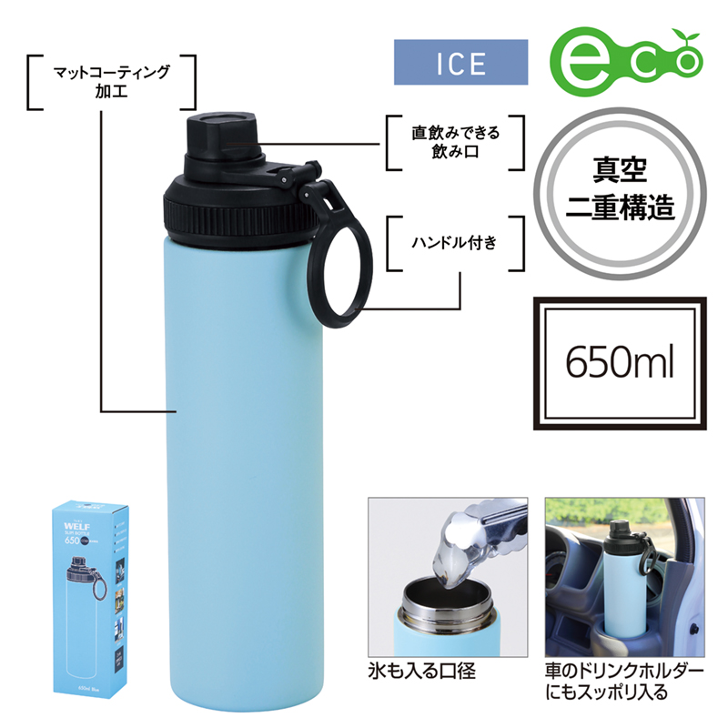 ウェルフ・直飲み真空ステンレスボトル（650ml）-ブルー（4）